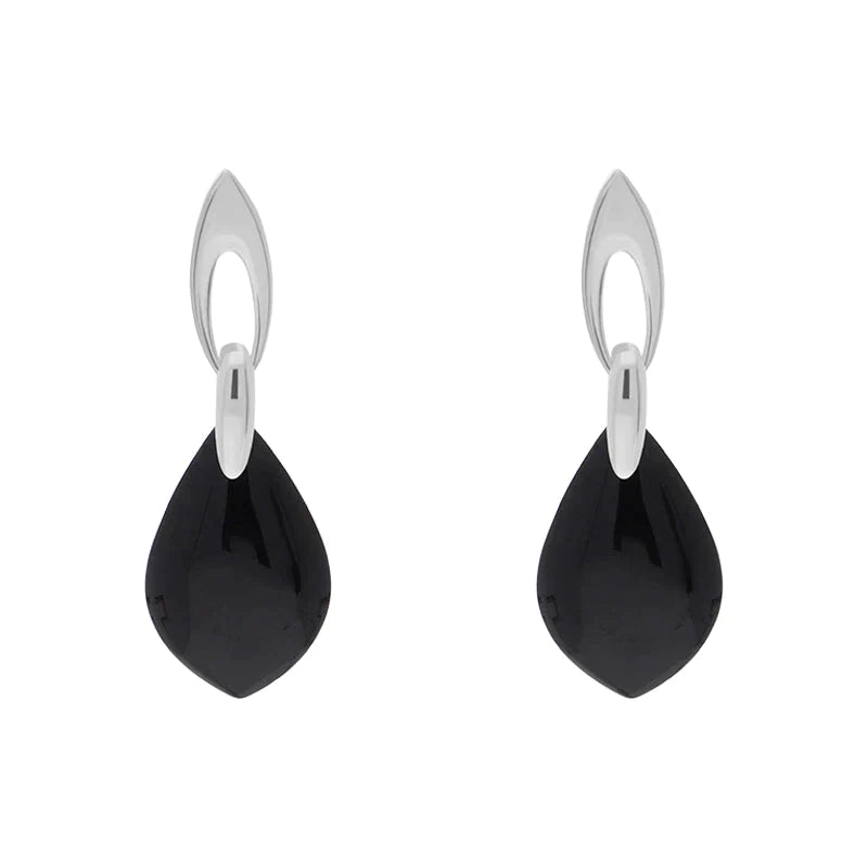 Sterling Silver Whitby Jet Flat Pear Shaped Drop Earrings - Silver