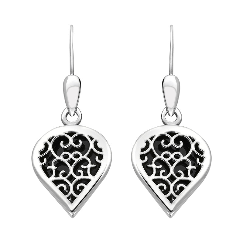 Sterling Silver Whitby Jet Flore Filigree Heart Drop Earrings