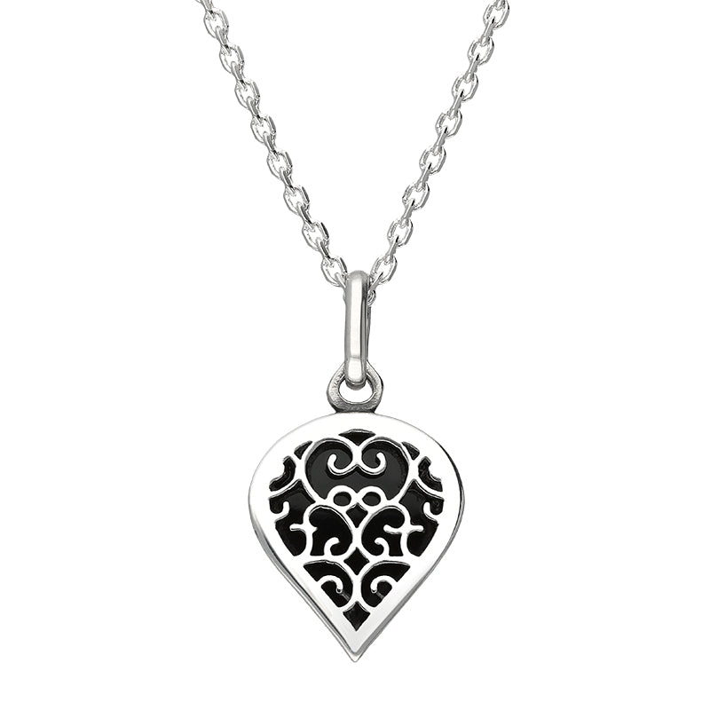 Sterling Silver Whitby Jet Flore Filigree Small Heart Necklace
