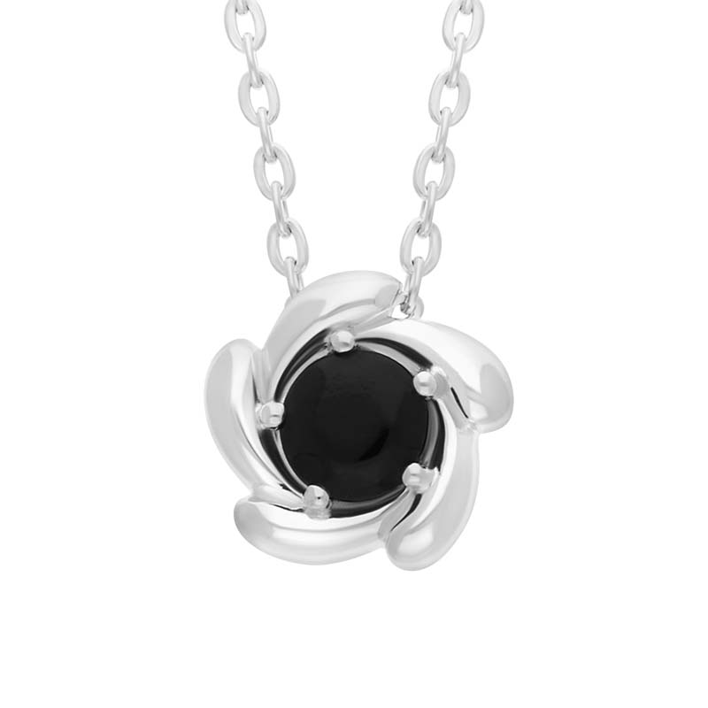 Sterling Silver Whitby Jet Flower Necklace - Silver