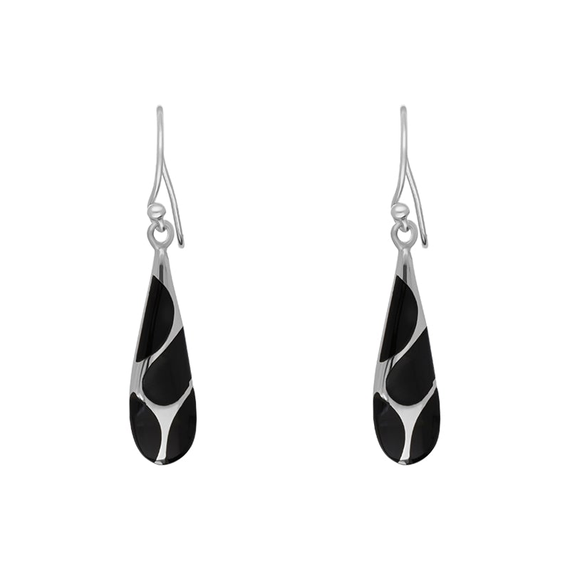Sterling Silver Whitby Jet Four Stone Slim Tear Drop Earrings - Silver