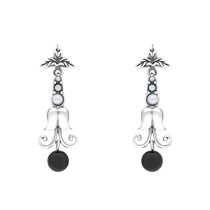 Sterling Silver Whitby Jet Freshwater Pearl Scrollwork Drop Earrings - Silver
