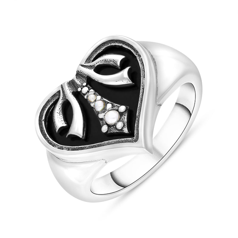 Sterling Silver Whitby Jet Freshwater Pearl Victoriana Ring - Silver