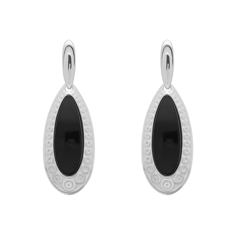 Sterling Silver Whitby Jet Graduated Pear Drop Earrings - Silver