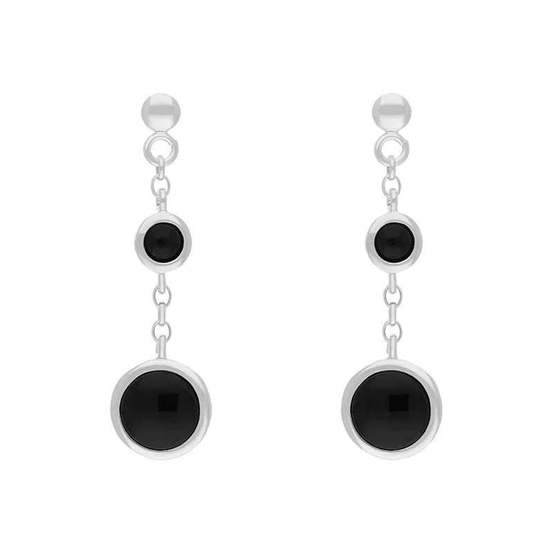 Sterling Silver Whitby Jet Graduated Round Drop Earrings - Silver
