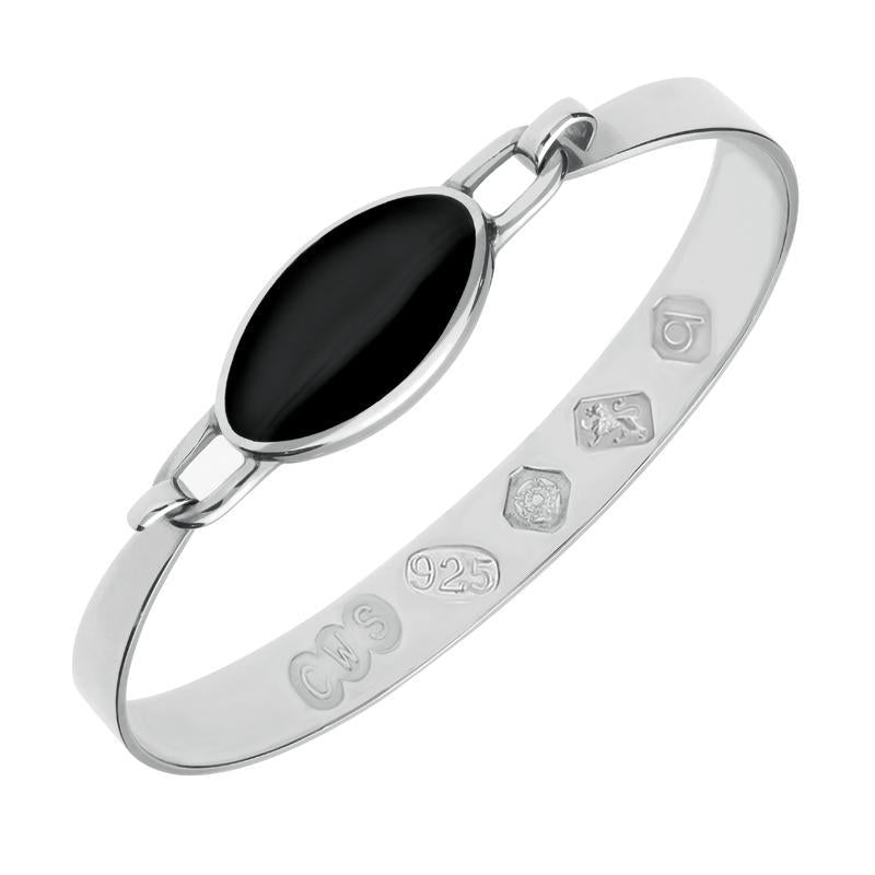 Sterling Silver Whitby Jet Hallmark Wide Oval Bangle - Silver