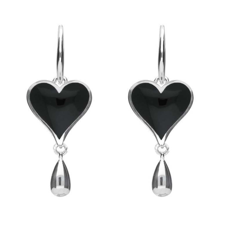 Sterling Silver Whitby Jet Heart Teardrop Drop Hook Earrings - Silver