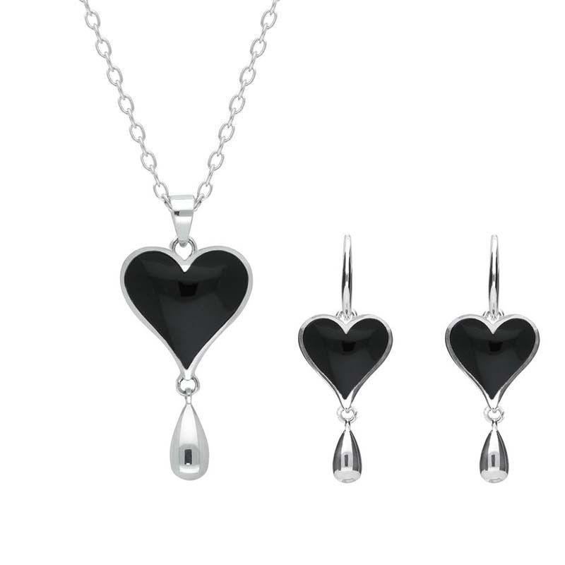 Sterling Silver Whitby Jet Heart Two Piece Set - Silver