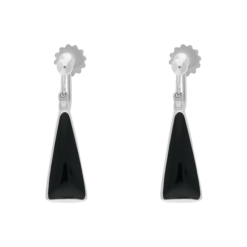 Sterling Silver Whitby Jet Long Triangle Clip On Drop Earrings - Silver