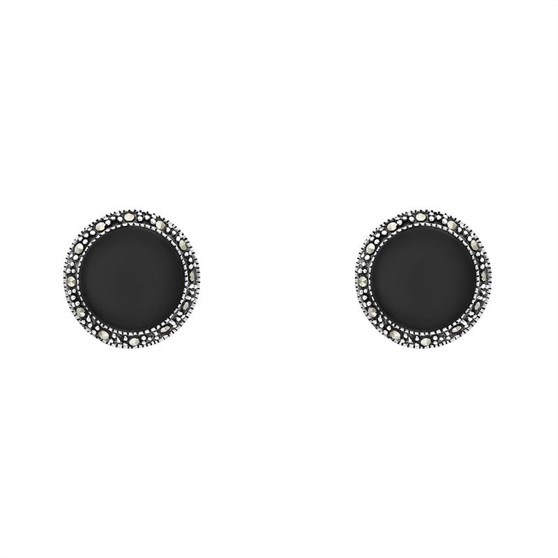 Sterling Silver Whitby Jet Marcasite Domed Stud Earrings D - Silver