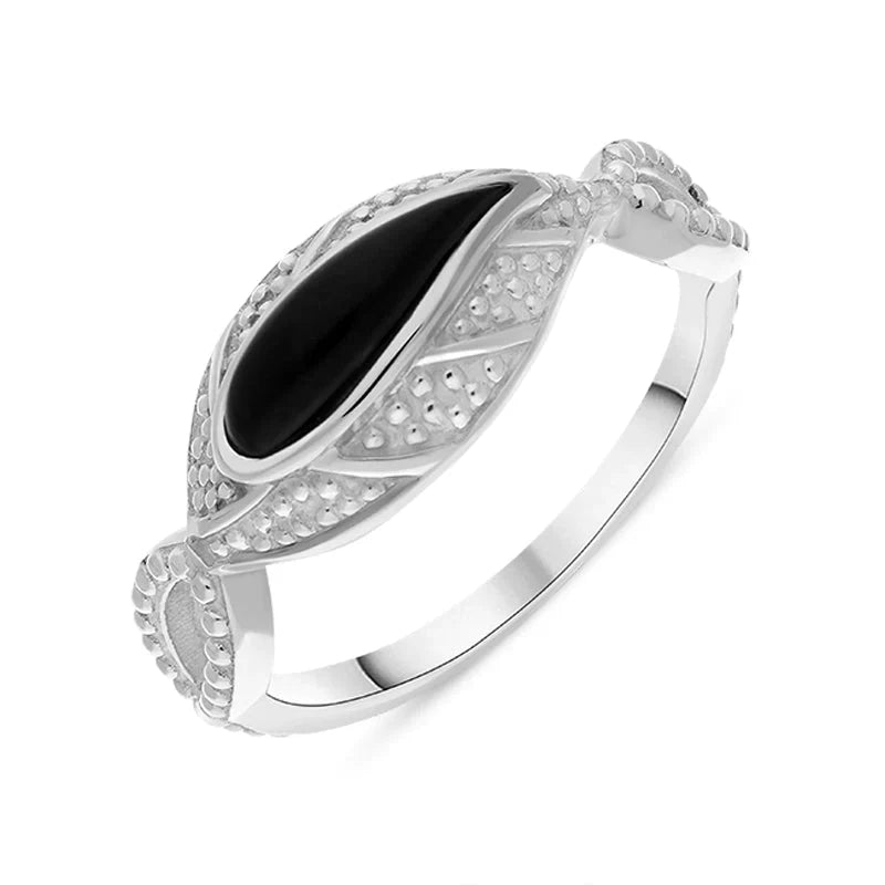 Sterling Silver Whitby Jet Marquise Beaded Edge Ring - Silver