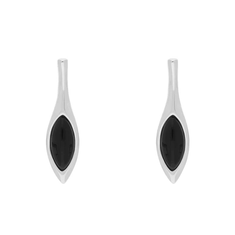 Sterling Silver Whitby Jet Marquise Drop Stud Earrings - Silver
