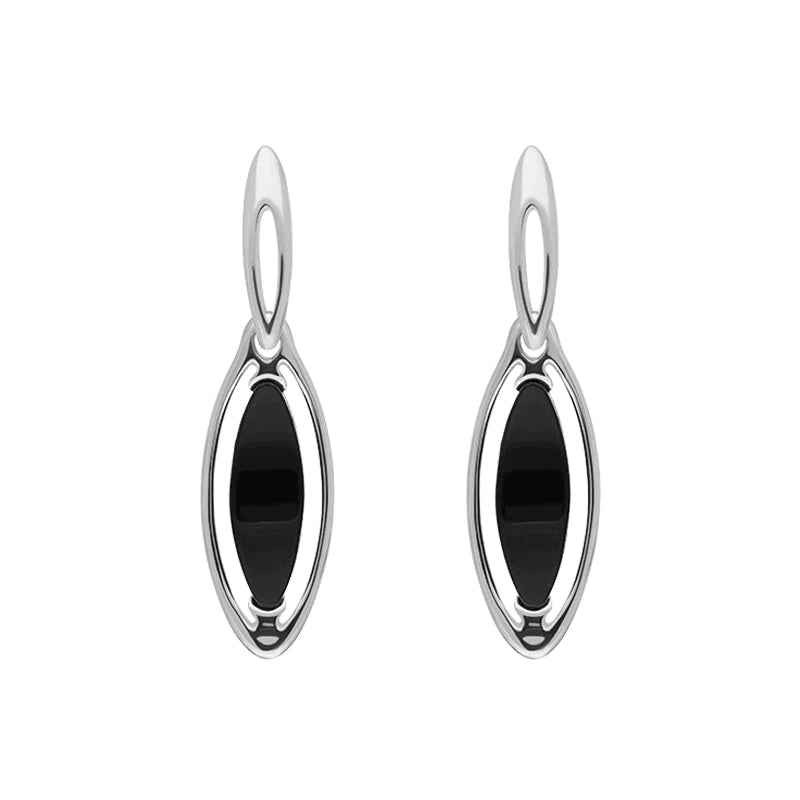 Sterling Silver Whitby Jet Marquise Open Edge Drop Earrings - Silver