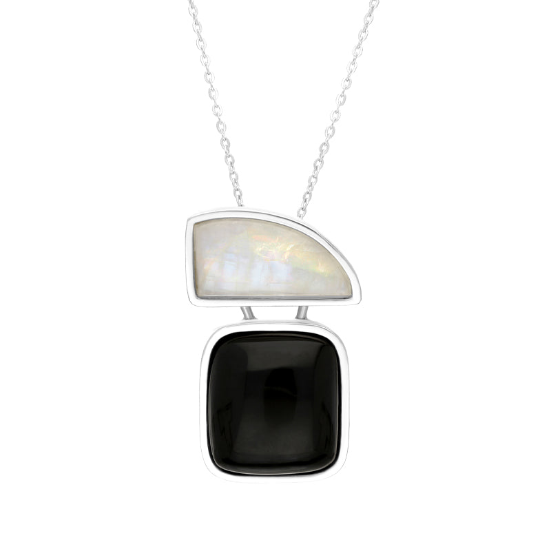 Sterling Silver Whitby Jet Moonstone Sail Cushion Two Stone Necklace - Silver