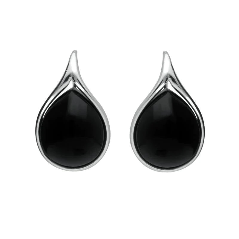 Sterling Silver Whitby Jet Open Edge Pear Drop Earrings