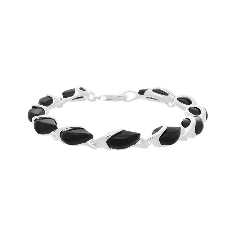 Sterling Silver Whitby Jet Open Top Leaf Bracelet - Silver