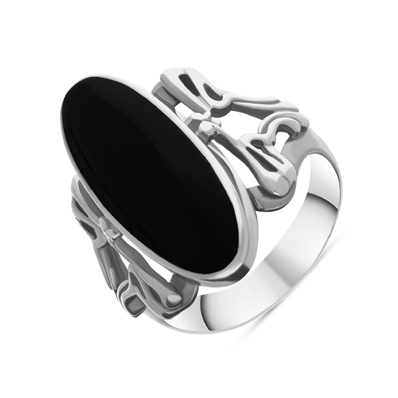 Sterling Silver Whitby Jet Oval Carved Edge Ring