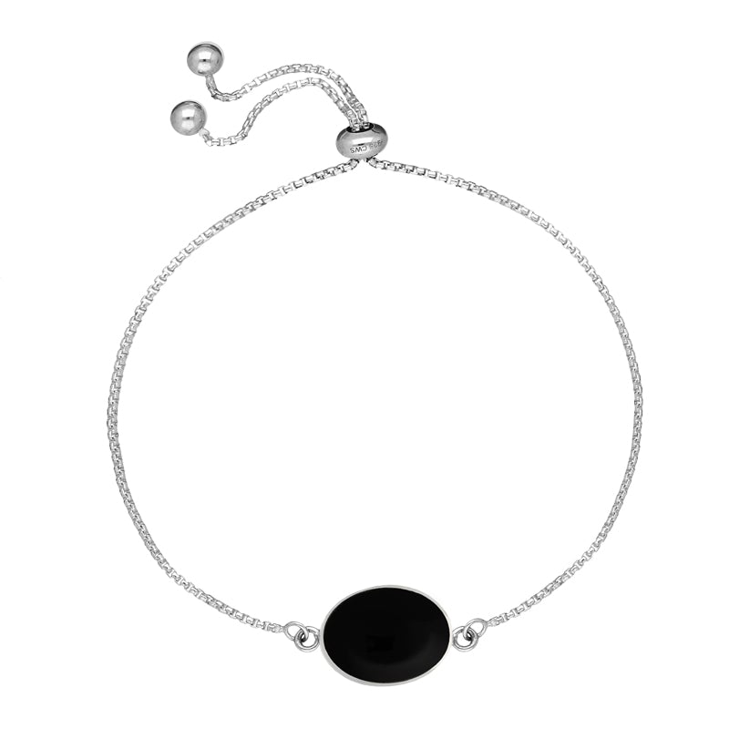 Sterling Silver Whitby Jet Oval Cushion Adjustable Bracelet - Silver