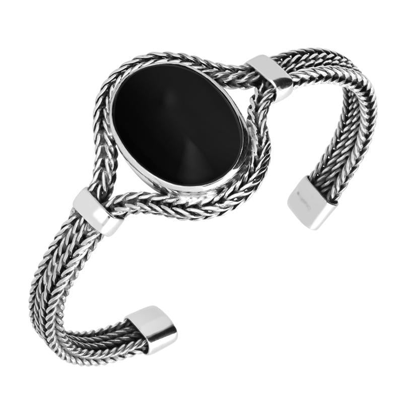 Sterling Silver Whitby Jet Oval Foxtail Bangle - Silver