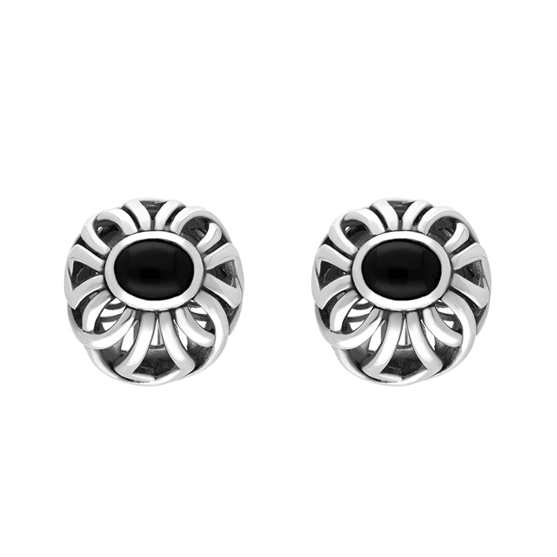 Sterling Silver Whitby Jet Oval Omega Clip Earrings D - Silver