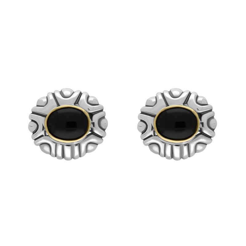 Sterling Silver Whitby Jet Oval Ribbed Omega Clip Earrings D - Silver