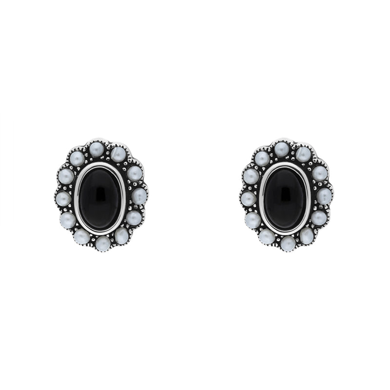 Sterling Silver Whitby Jet Pearl Oval Beaded Edge Stud Earrings - Silver