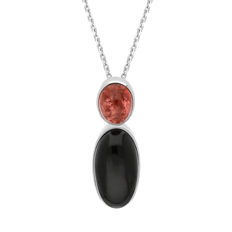 Sterling Silver Whitby Jet Pink Tourmaline Oval Two Stone Necklace - Silver