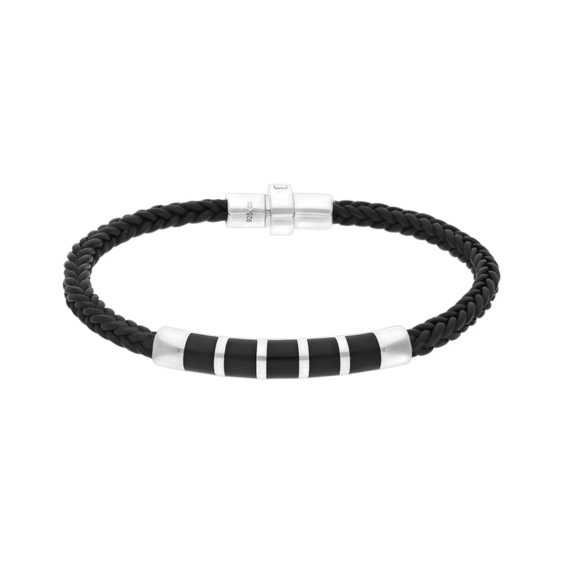 Sterling Silver Whitby Jet Plaited Leather Bar Bracelet - 7.5 inch