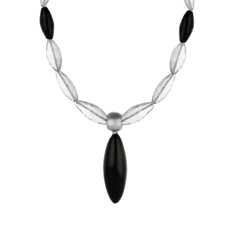 Sterling Silver Whitby Jet Quartz Marquise Bead Necklace D - Silver