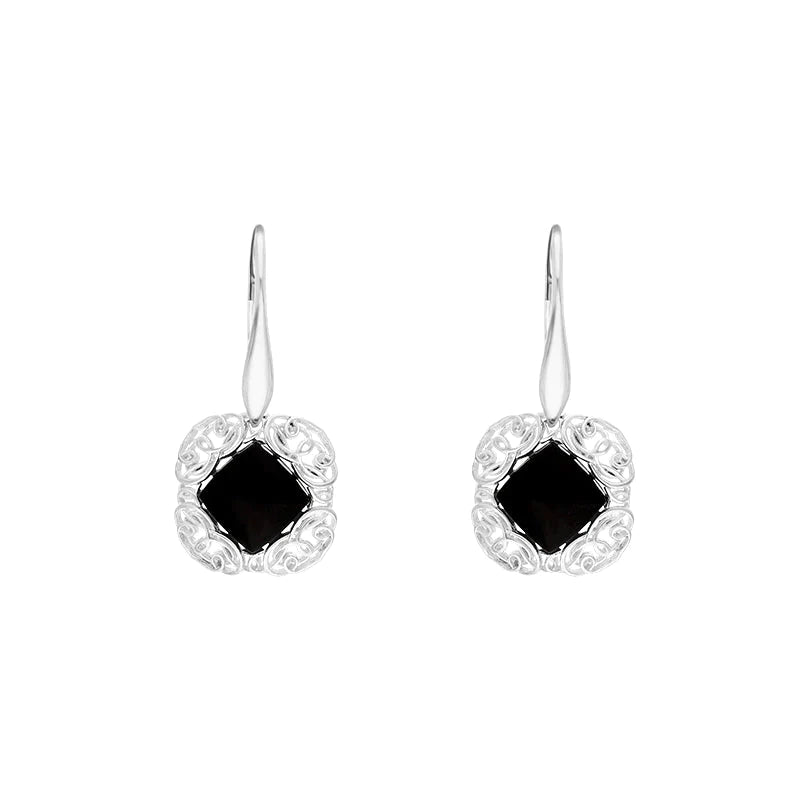 Sterling Silver Whitby Jet Rhombus Cushion Drop Earrings - Silver