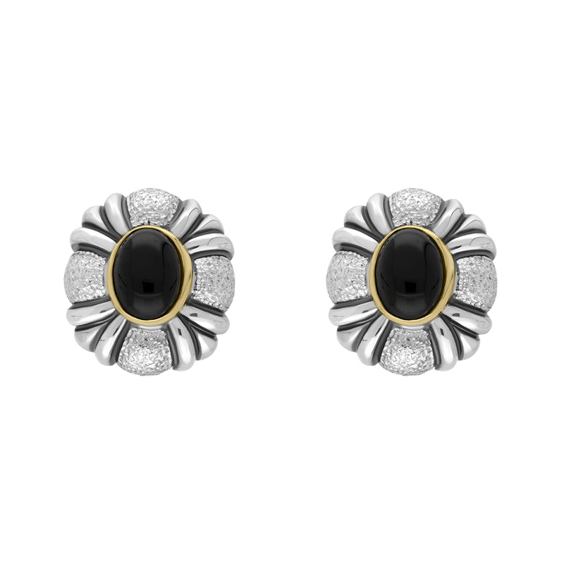 Sterling Silver Whitby Jet Round Banded Omega Clip Earrings D - Silver