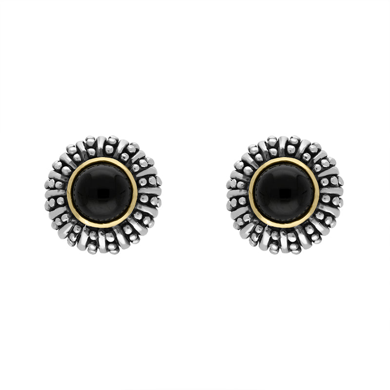 Sterling Silver Whitby Jet Round Beaded Edge Omega Clip Earrings D - Silver