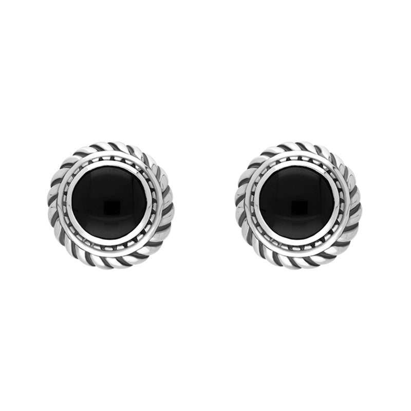 Sterling Silver Whitby Jet Round Rope Edge Omega Clip Earrings D - Silver