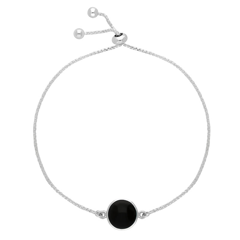Sterling Silver Whitby Jet Round Stone Adjustable Chain Bracelet
