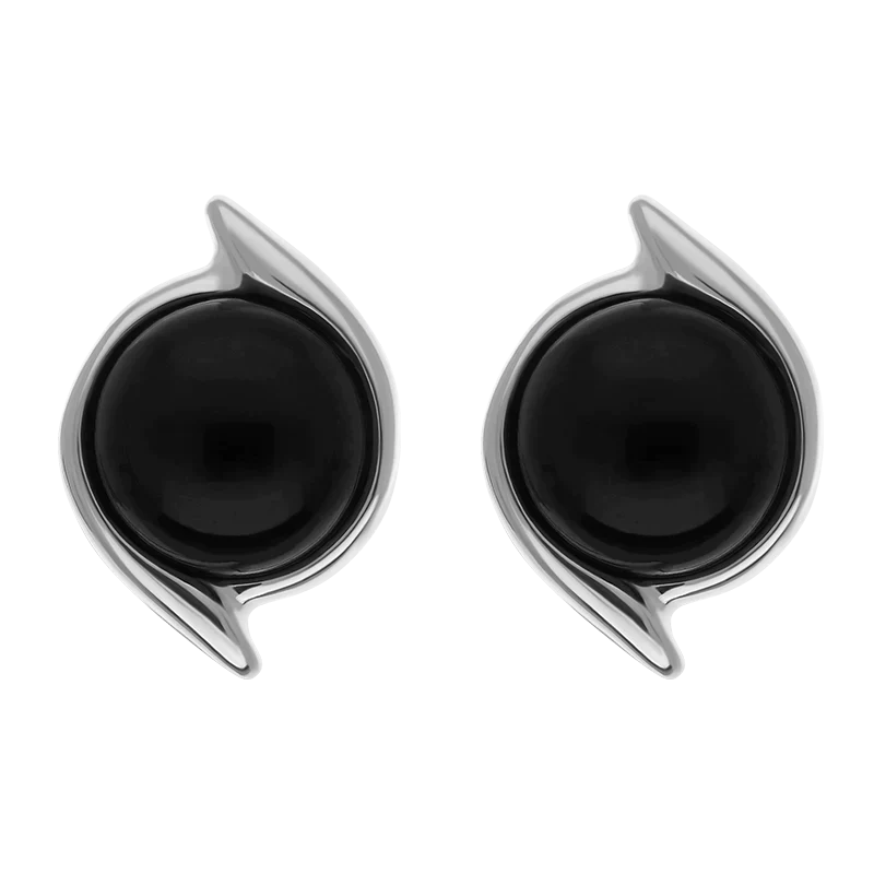 Sterling Silver Whitby Jet Round Swirl Edge Stud Earrings - Silver