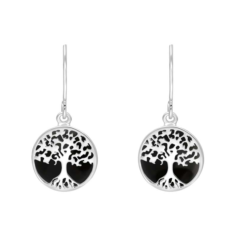 Sterling Silver Whitby Jet Round Tree of Life Drop Earrings