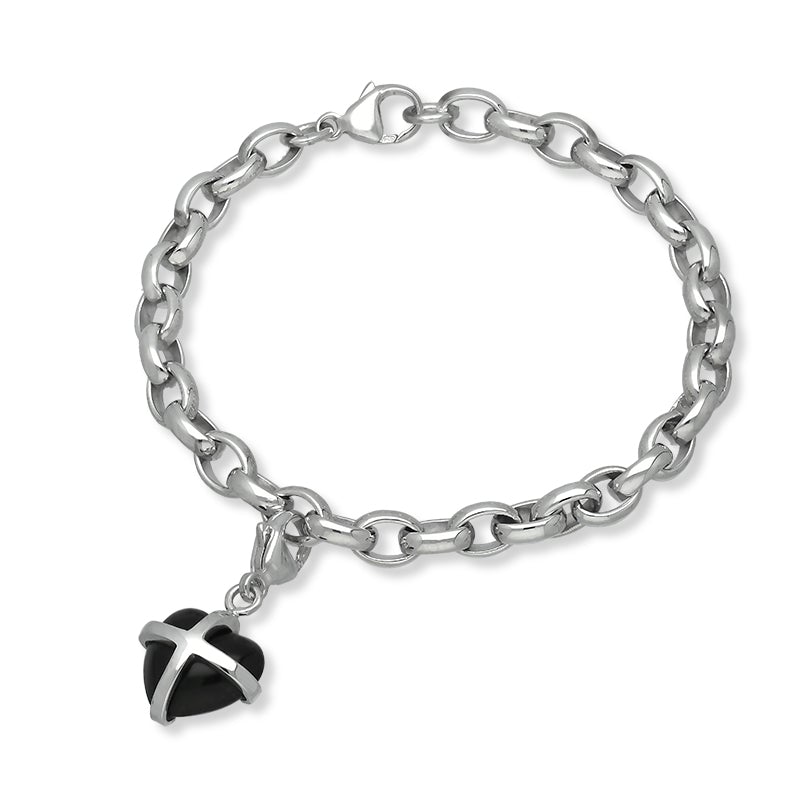 Sterling Silver Whitby Jet Small Cross Heart Charm Bracelet - Option1 Value Silver