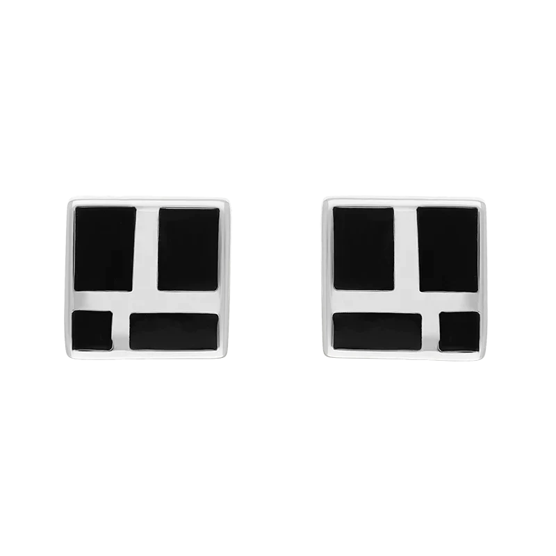 Sterling Silver Whitby Jet Small Four Stone Square Stud Earrings - Silver