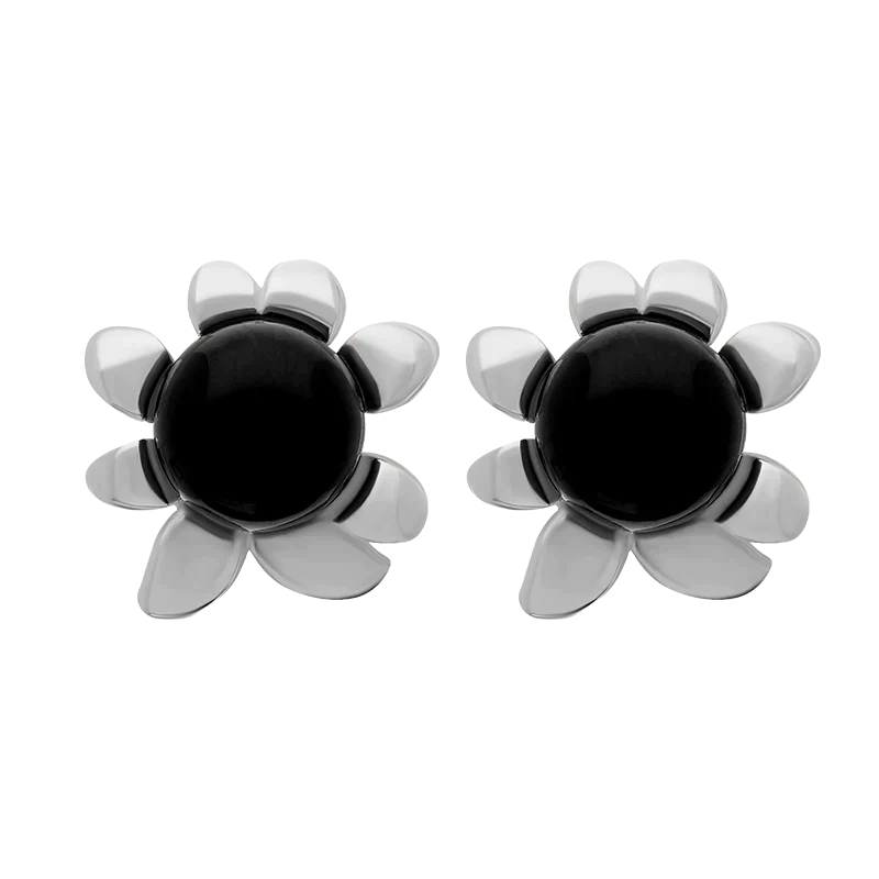 Sterling Silver Whitby Jet Small Round Petal Edge Stud Earrings - Silver