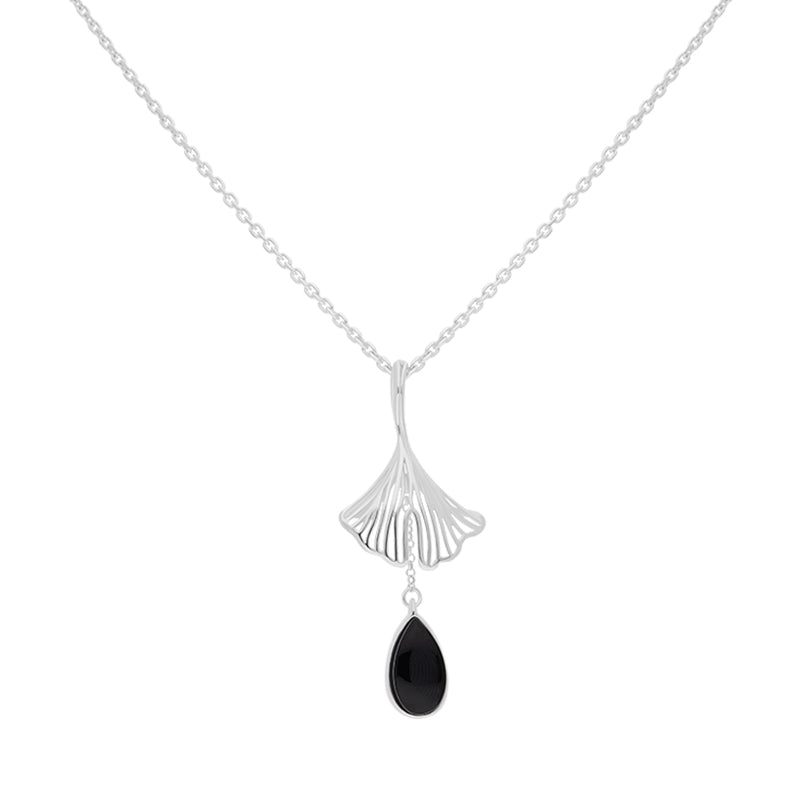 Sterling Silver Whitby Jet Teardrop Ginkgo Biloba Leaf Pendant - Silver