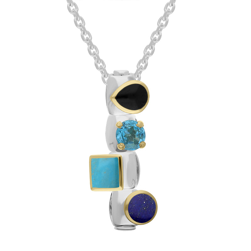 Sterling Silver Whitby Jet Topaz Turquoise Lapis Lazuli Stepping Stones Four Charm Necklace - Silver