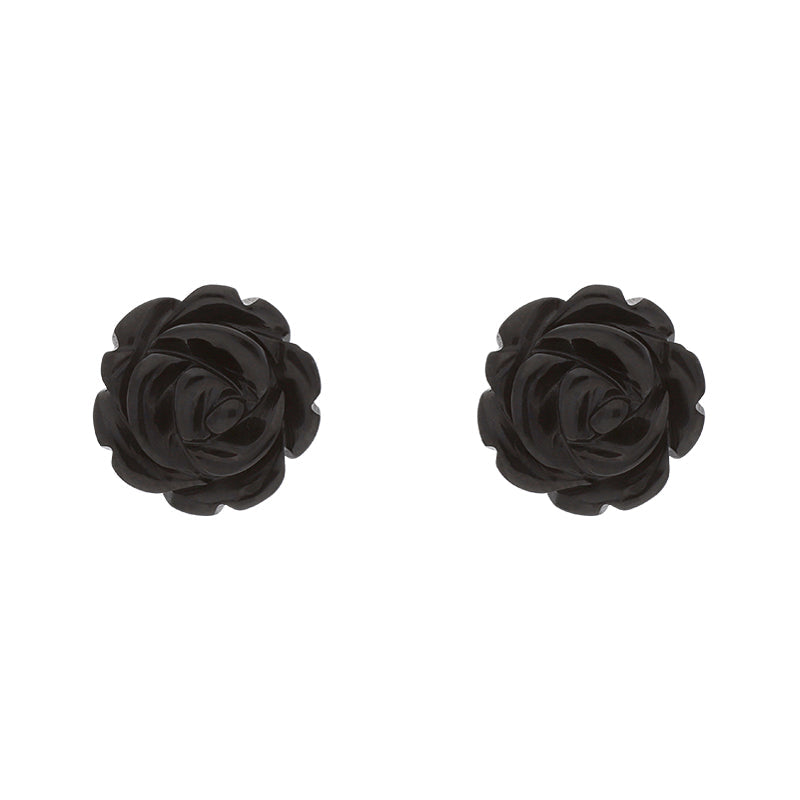 Sterling Silver Whitby Jet Tuberose 8mm Rose Stud Earrings - Silver