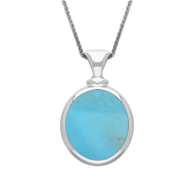 Sterling Silver Whitby Jet Turquoise Small Double Sided Oval Fob Necklace - Silver
