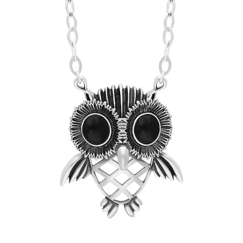 Sterling Silver Whitby Jet Owl Necklace - Silver