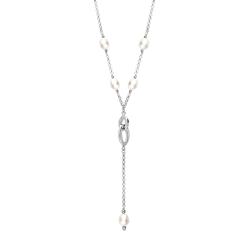 Sterling Silver White Pearl Five Stone Double Oval Drop Necklace D - Silver