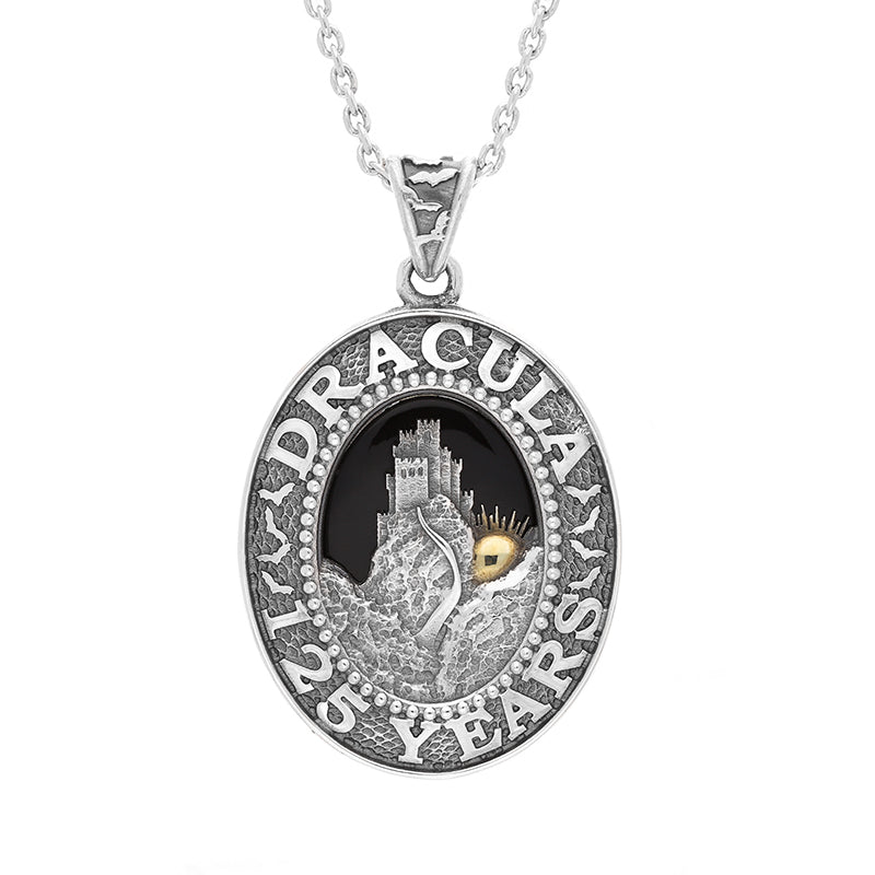 Sterling Silver Yellow Gold Plated Whitby Jet Dracula 125 Year Anniversary Small Oval Pendant - Silver