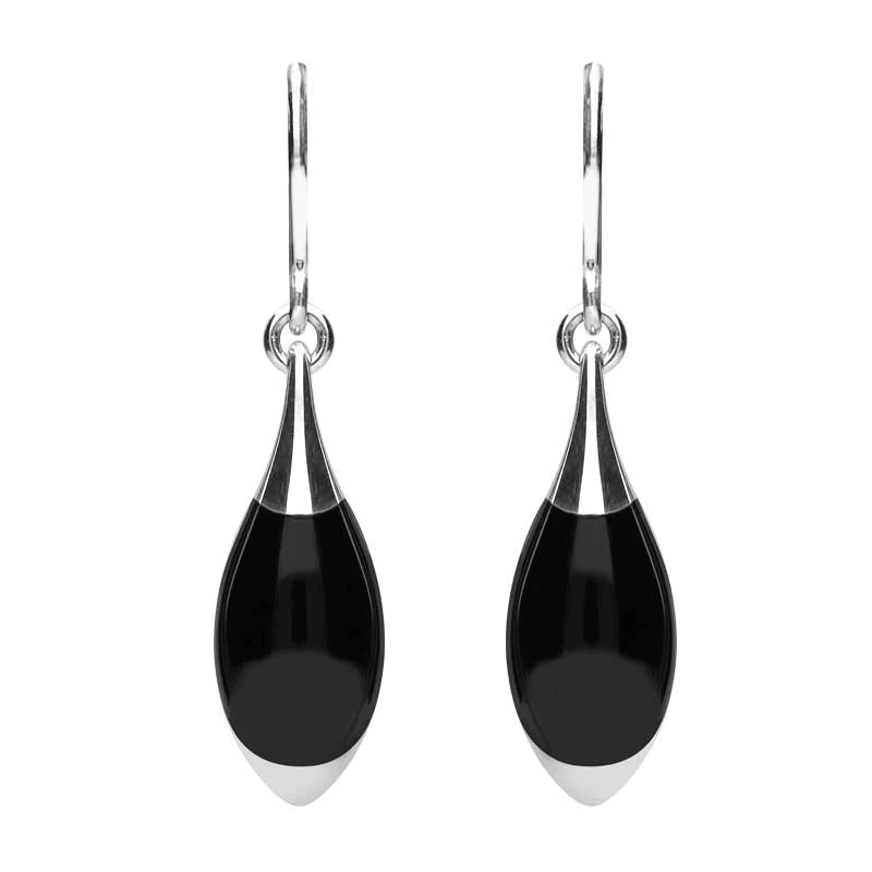Sterling Silver Whitby Jet Half Pear Drop Hook Earrings - Silver