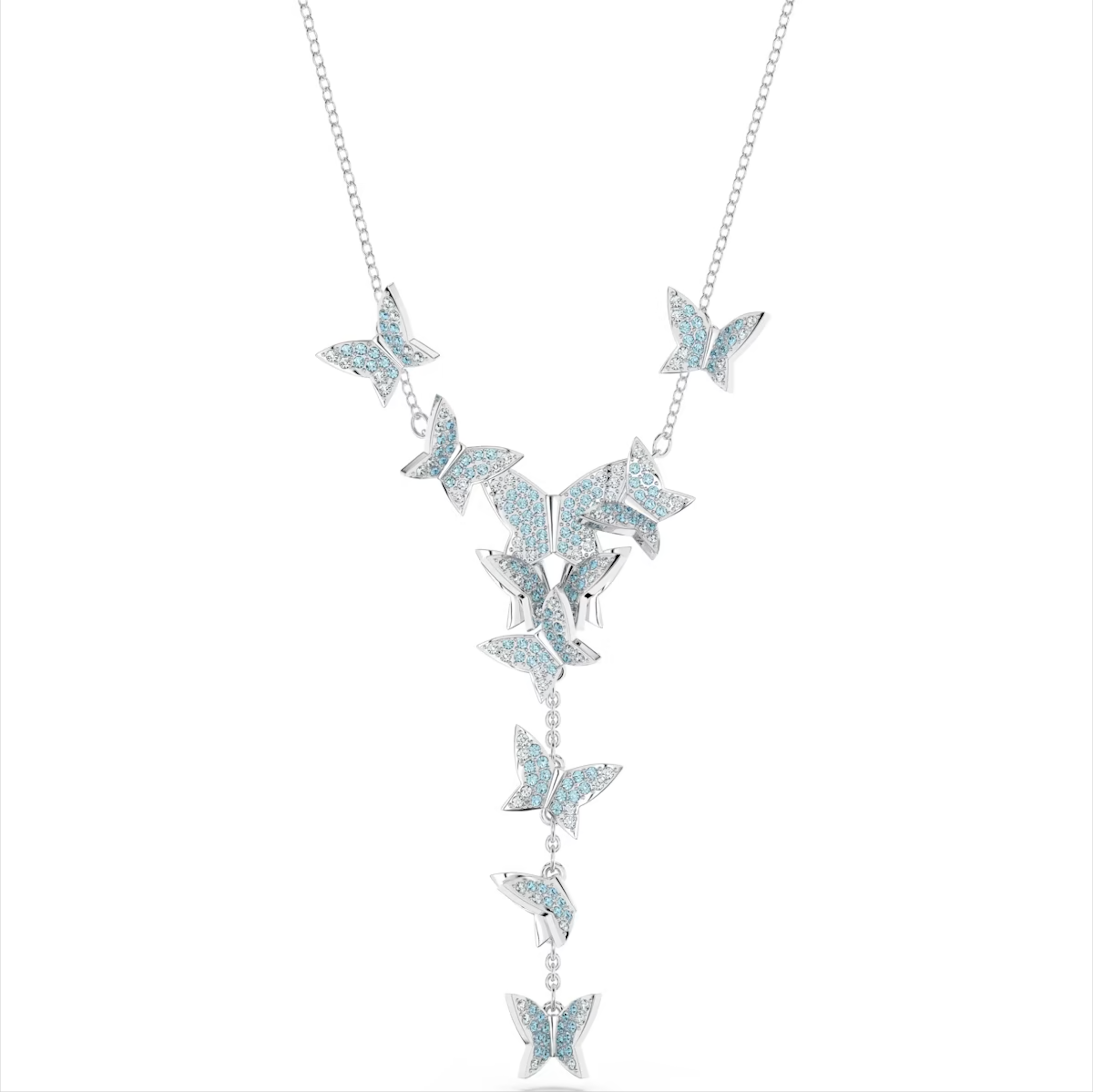 Swarovski Lilia Rhodium Plated Y Butterfly Blue Crystal Necklace - Silver