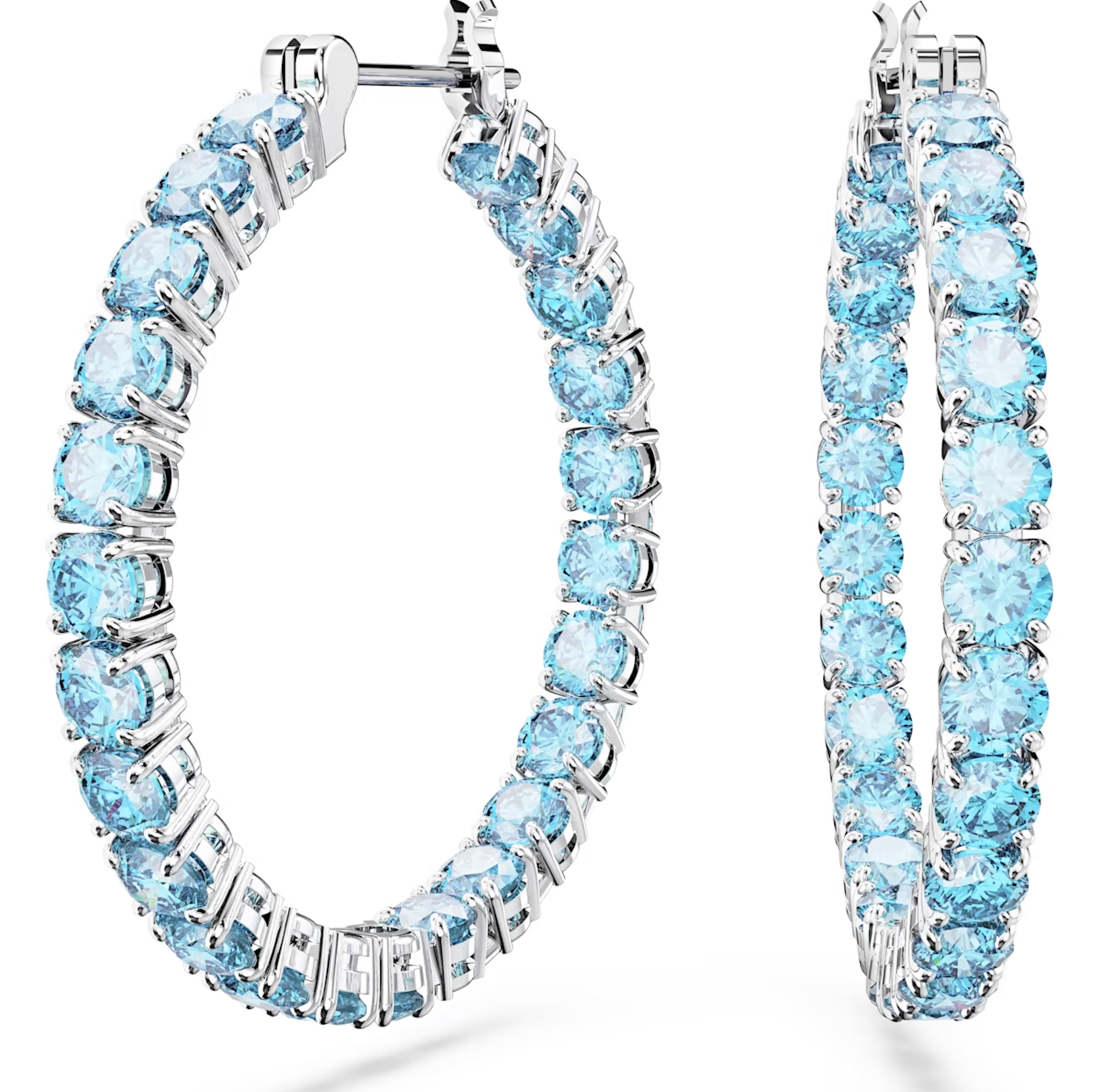Swarovski Matrix Rhodium Plated Round Blue Crystal Hoop Earrings - Silver