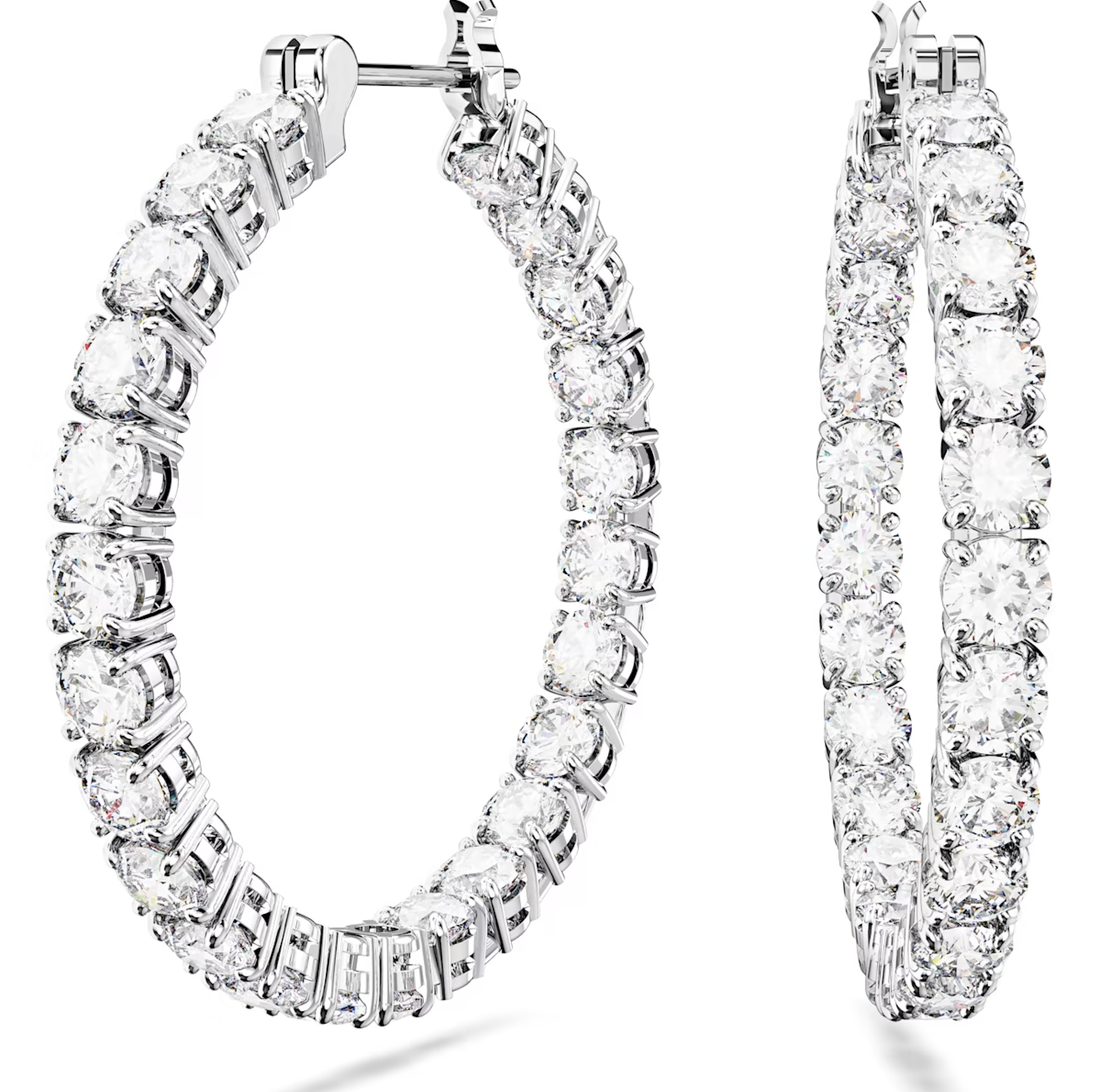 Swarovski Matrix Rhodium Plated Round White Crystal Hoop Earrings - Silver